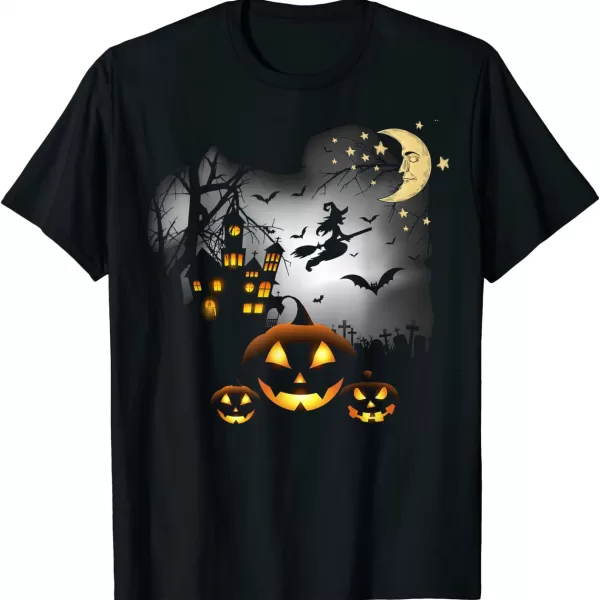 Haunted House Flying Witch Jack O Lantern Shirt