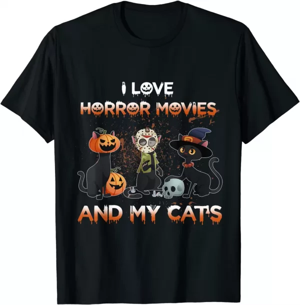 I Love Horror Movie And My Cat Halloween Shirt