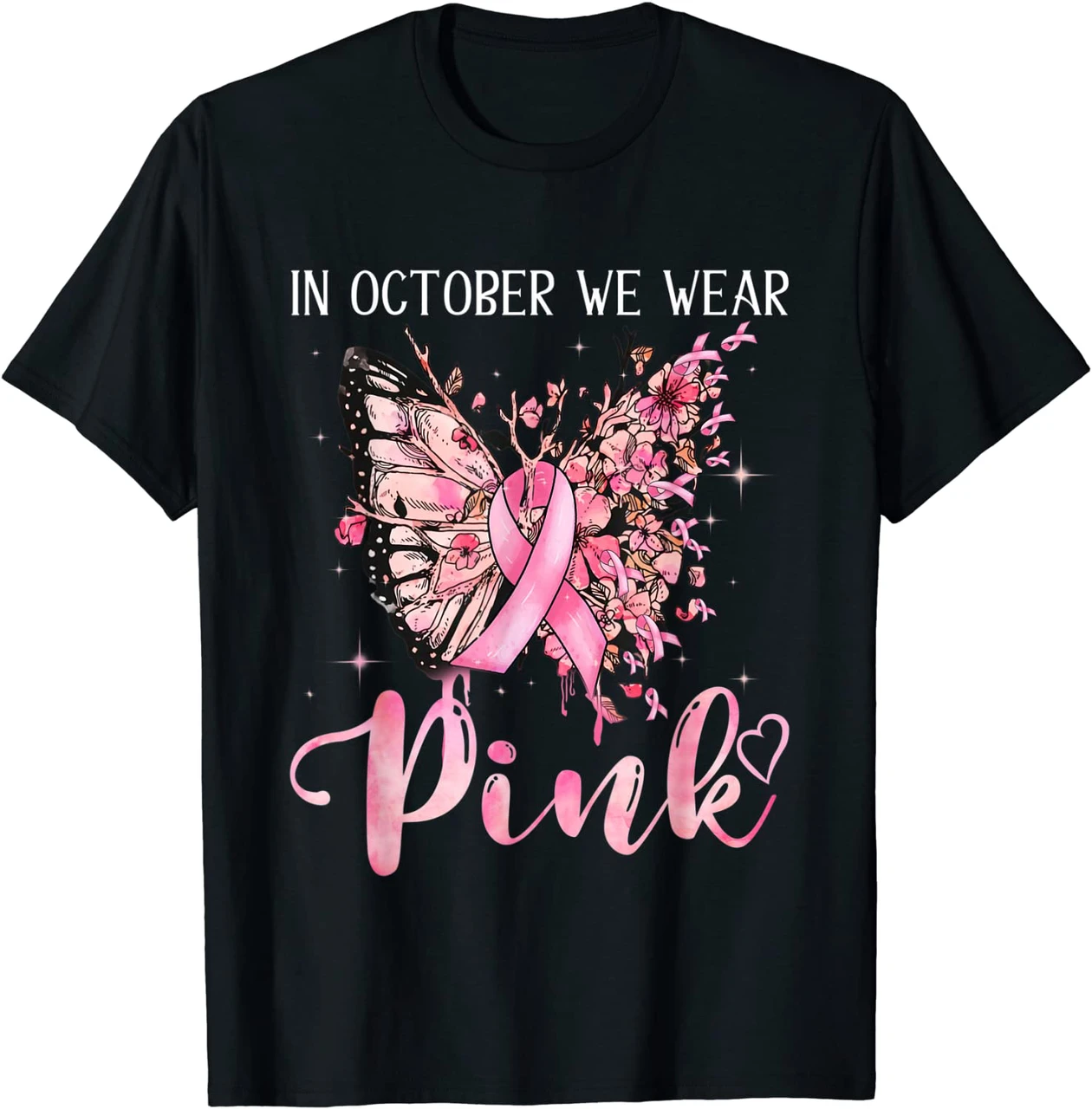 Butterfly Breast Cancer Awareness In October We Wear Pink Shirt