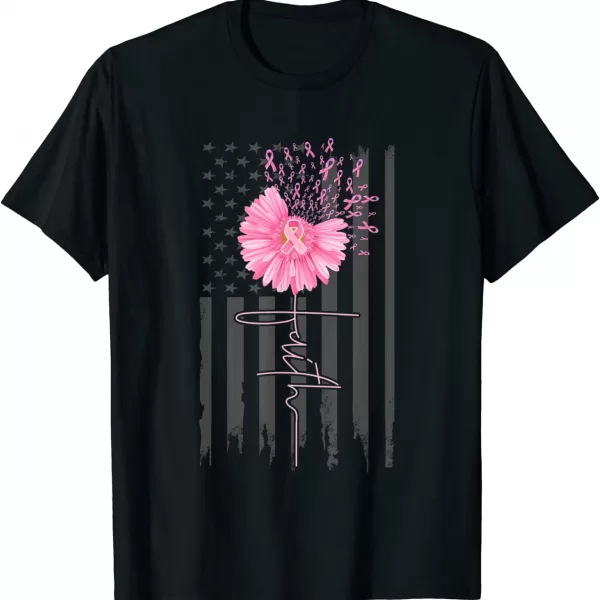 Faith Pink Ribbon Daisy Flower American Flag Breast Cancer Shirt