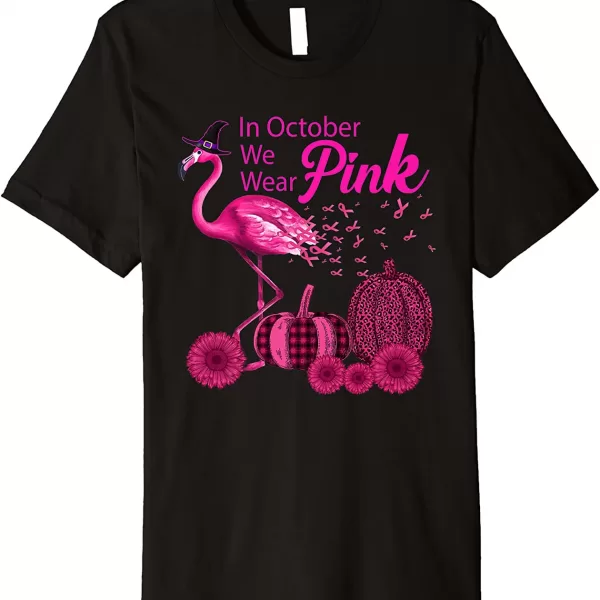 In October We Wear Pink Witch Flamingo Pumpkin Breast Cancer Shirt