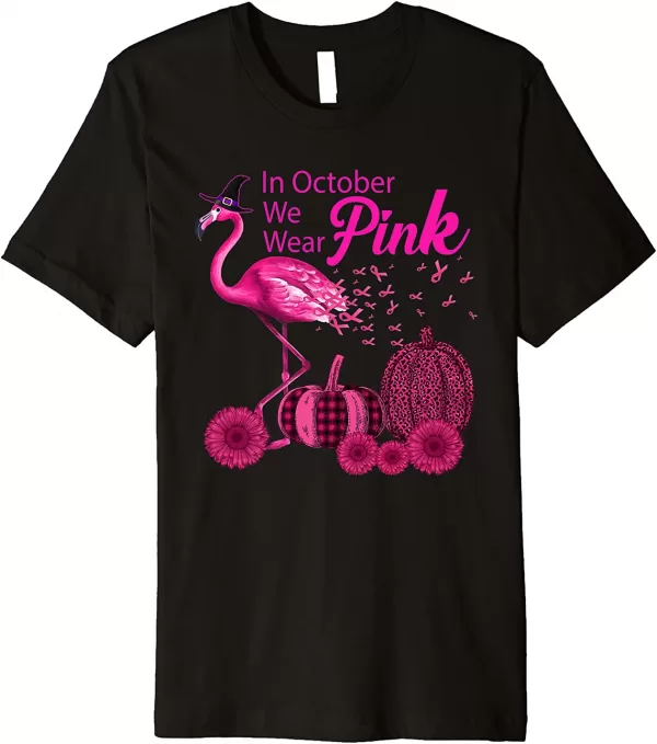 In October We Wear Pink Witch Flamingo Pumpkin Breast Cancer Shirt