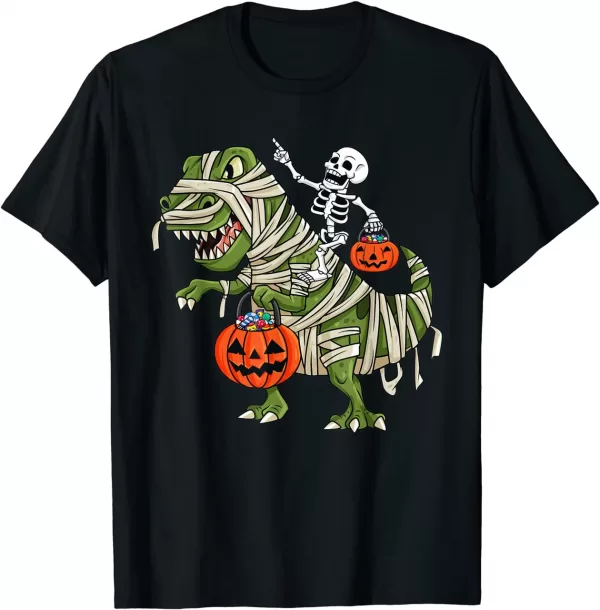 Skeleton Riding Mummy T Rex Halloween Shirt