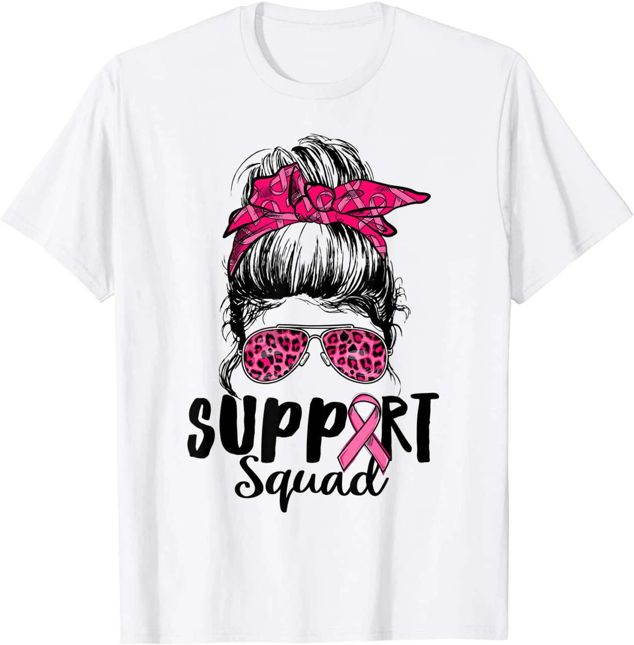 Support Squad Messy Bun Pink Warrior Breast Cancer Awareness Shirt