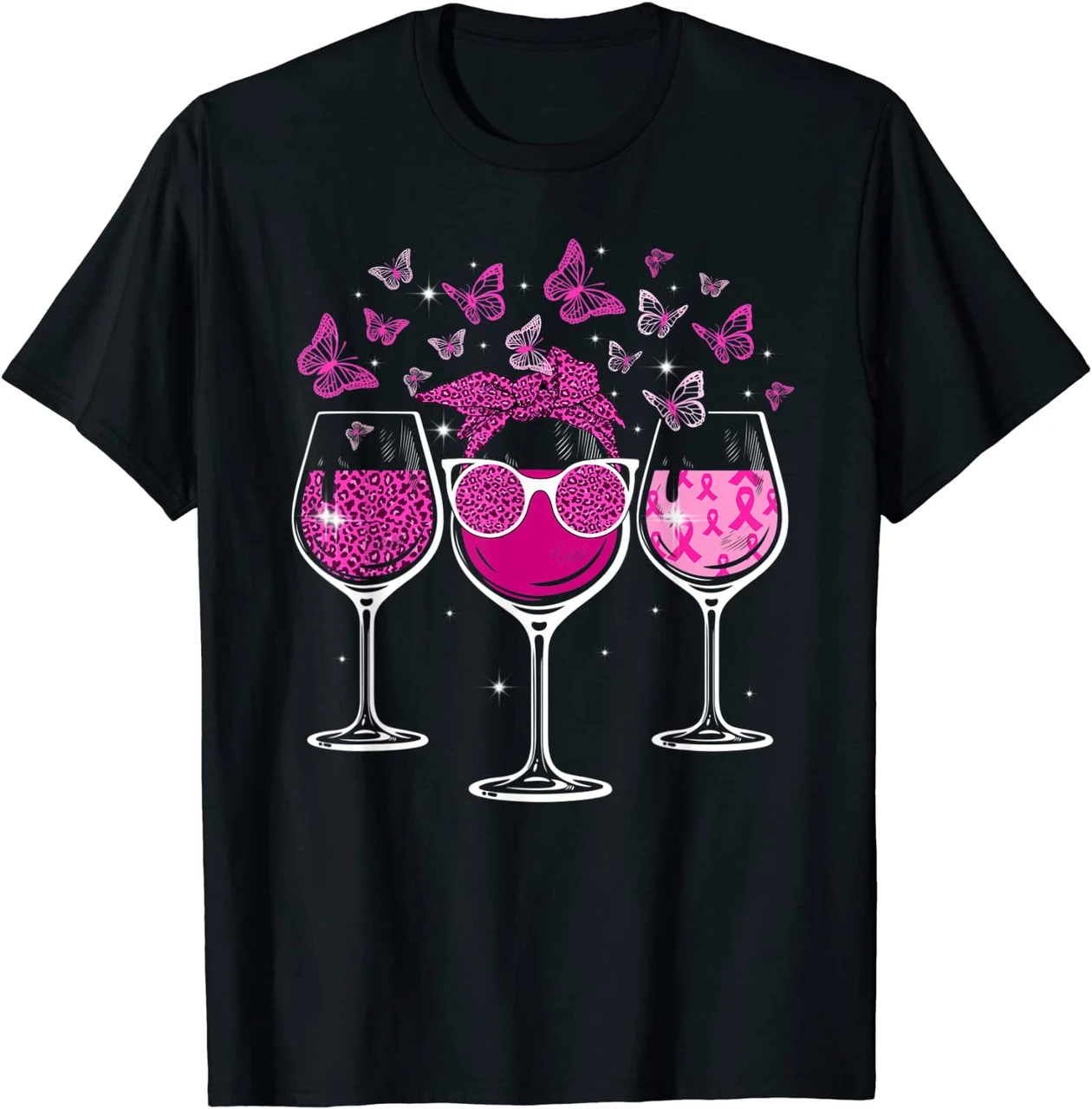 Wine Glass Butterfly Breast Cancer Awareness Pink Shirt