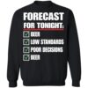 Forecast For Tonight Beer Low Standards Poor Decisions Shirt